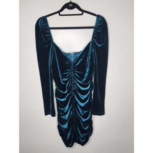 Bar III Velvet Ruched Mini Dress Womens Teal Long Sleeve Bodycon V Neck